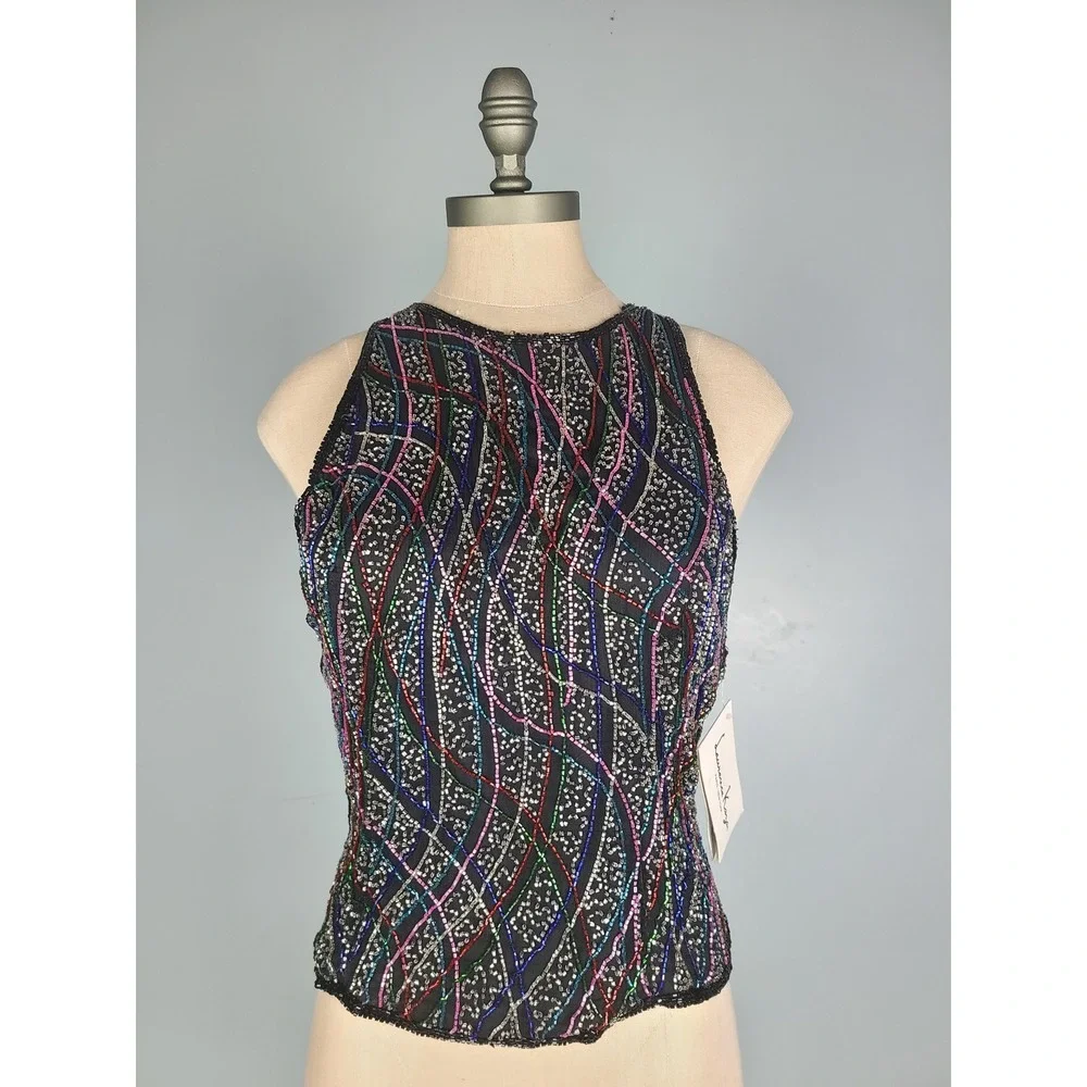 VTG Laurence Kazar Sz L 100% Silk Beaded Top Fitted Y2K Going Out 70s Disco NEW